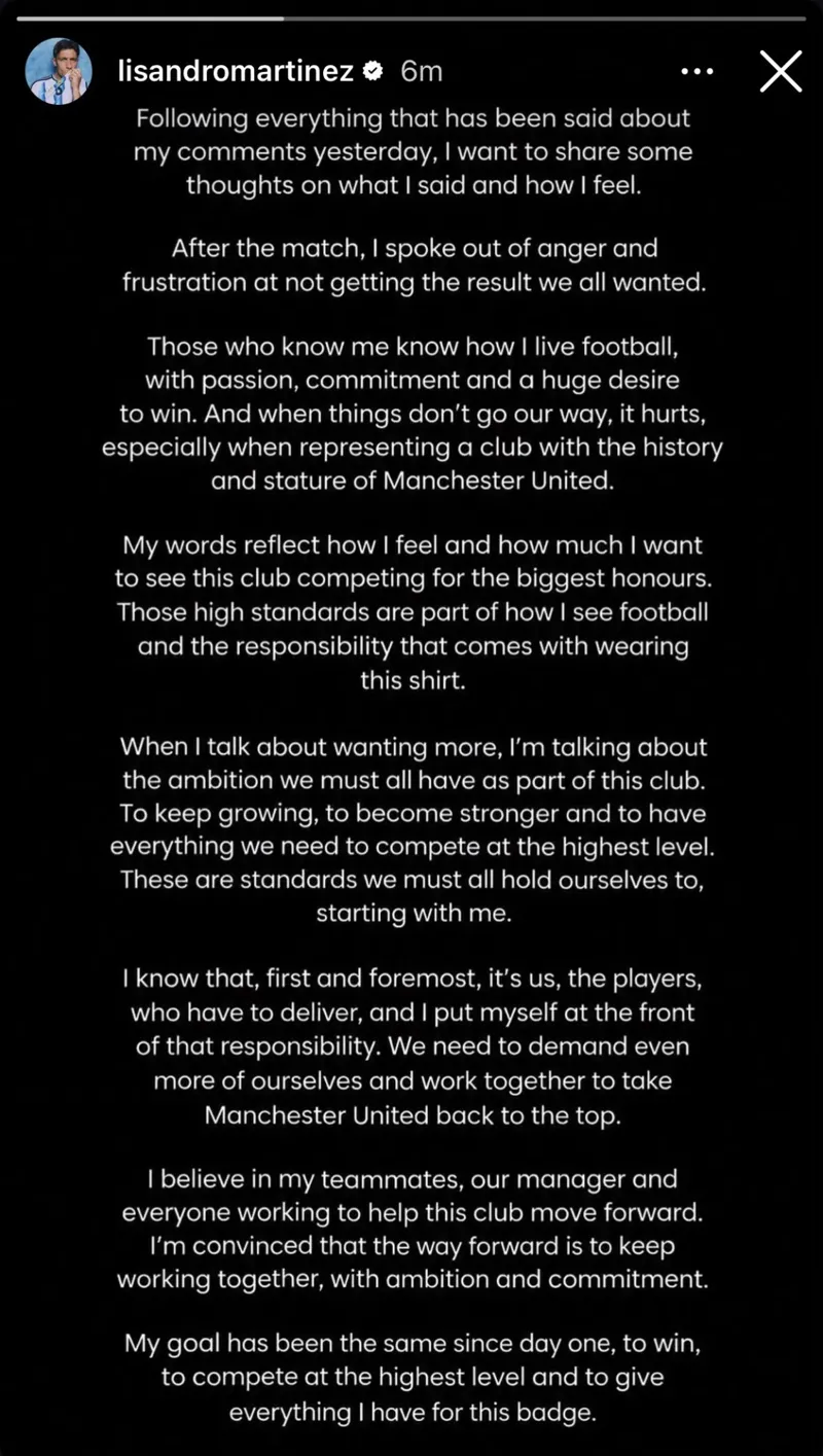 Screenshot of Lisandro Martínez's Instagram story statement, posted on Wednesday 14 October 2026